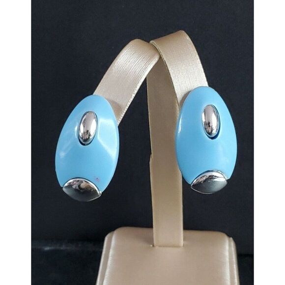 VINTAGE Mid-Century Modern MCM Silver Tone & Sky Blue Clip-On Earrings - Picture 1 of 7